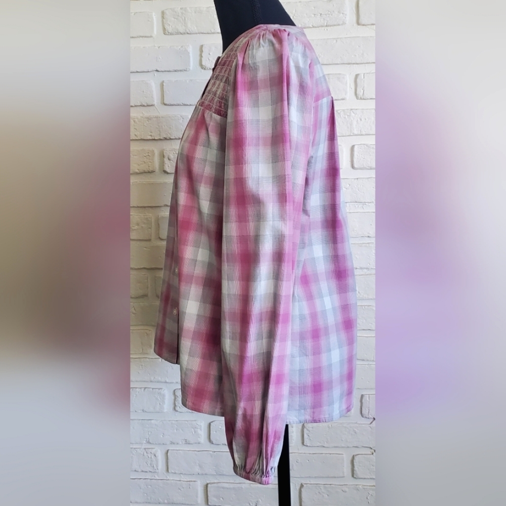 NWT LOFT Pink Plaid Smocked Yoke Button Front Blouse - Size XS - Picture 7 of 14